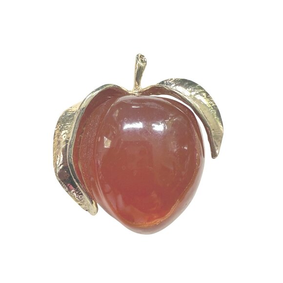 Vintage Gold Tone & LARGE  Red Lucite Apple Brooch JELLY - Picture 1 of 3